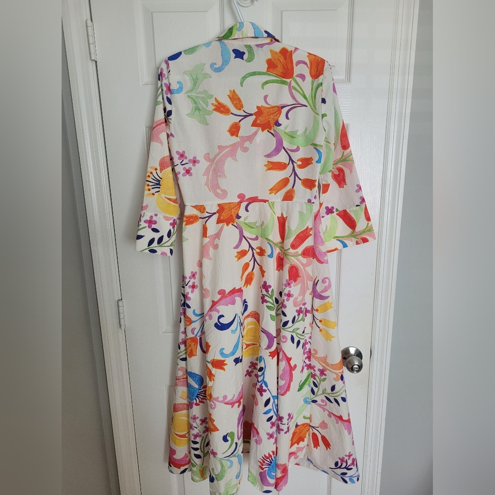 Zara 100% Cotton Multicolored White Pink Floral Maxi Dress With Belt SIZE XS - Picture 2 of 10